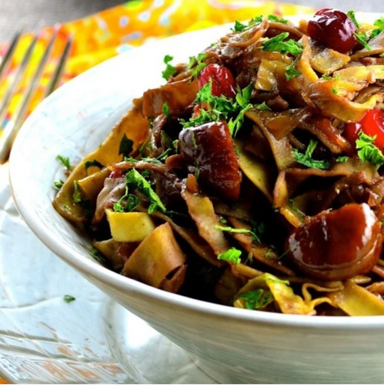 MUNG BEAN PASTA WITH CARAMELIZED ONIONS & CHESTNUTS